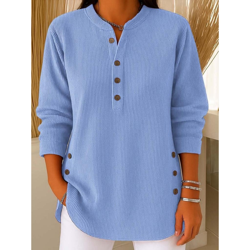 2025 Autumn Winter New Women's Solid Color Loose V-Neck Button Long Sleeve Casual T-Shirt Top for Europe America