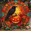 Vintage Iron Wall Art Round Sign Black Bird Pumpkin Autumn Leaves Halloween Home Decor