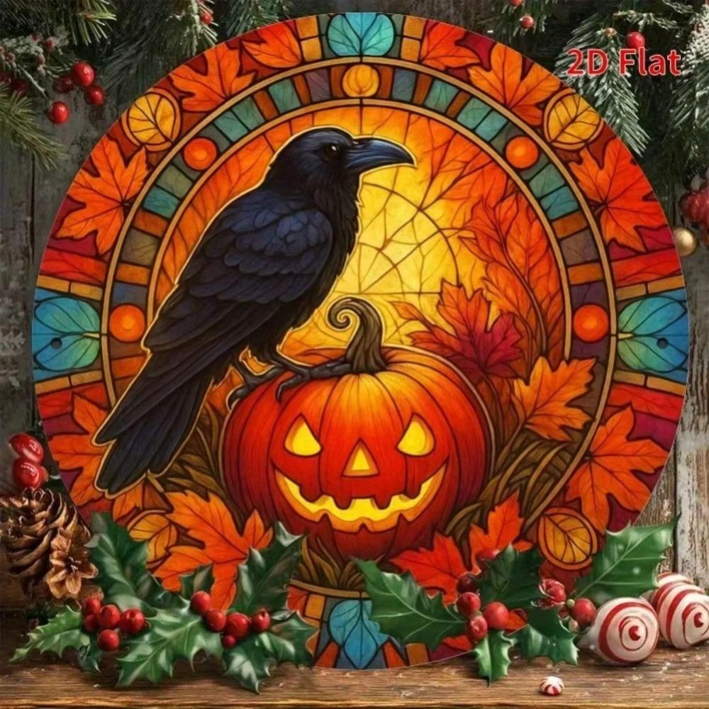 Vintage Iron Wall Art Round Sign Black Bird Pumpkin Autumn Leaves Halloween Home Decor