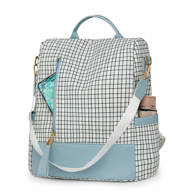 Rucsac antifurt pentru femei Geantă de umăr multifuncțională în carouri Rucsac de călătorie cu trei scopuri