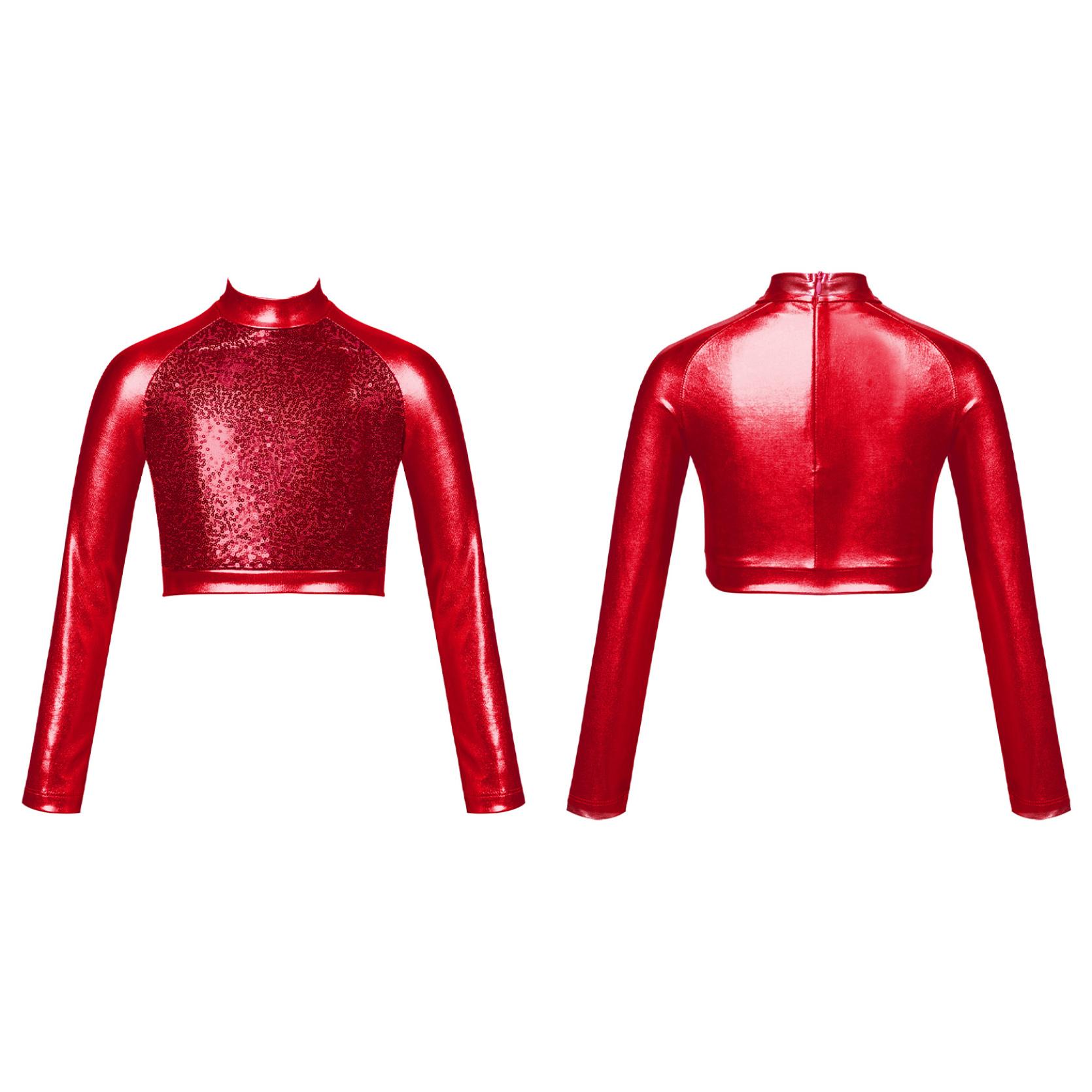 

Детский блестящий укороченный топ с высоким воротом для девочек, металлическая футболка с длинными рукавами, купальник для балета, танцев, гимнастики, выступления 7-8 Years красный