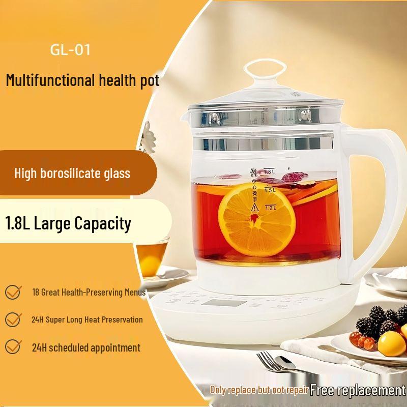 1.8L Multi-Function Health Pot: Automatic Kettle  Glass Steamer for Boiling, Warming, Tea  Egg Custard.