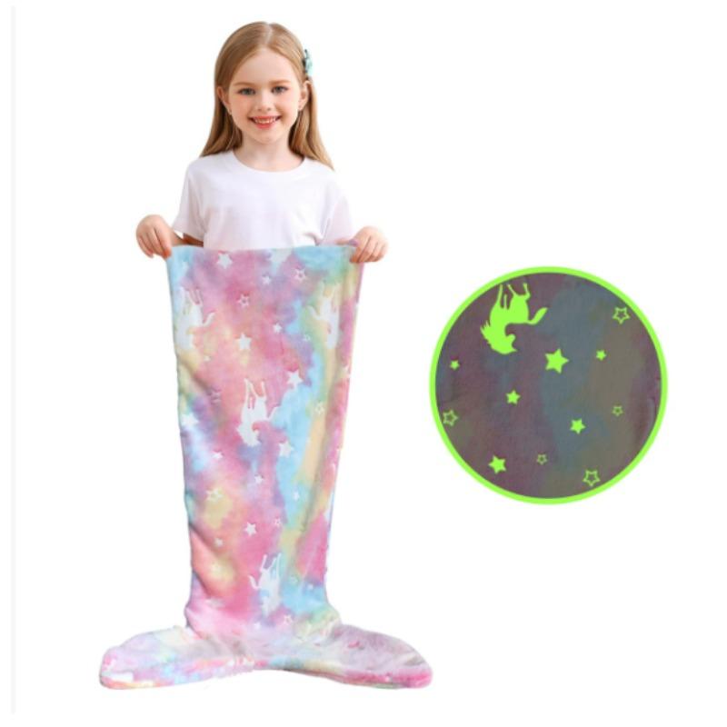 Cartoon Rainbow  Mermaid Tail Blanket Super Soft Glow In The Dark Flannel Mermaid Tail Blanket Girls Sleeping Bag