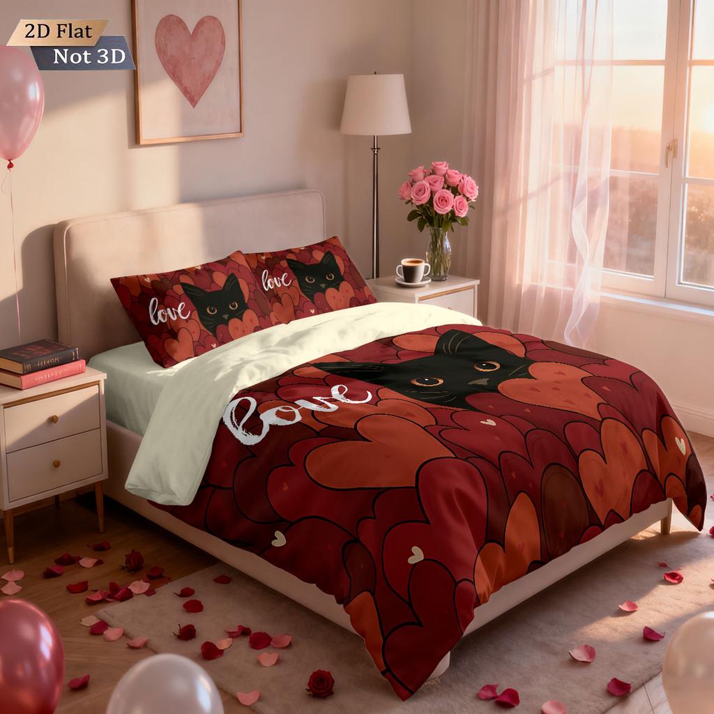 3pcs Valentine's Day Happy Romantic Love Cat Print Core less Down Duvet Cover Set Multi Size Bedroom Bedding Festival Decoration