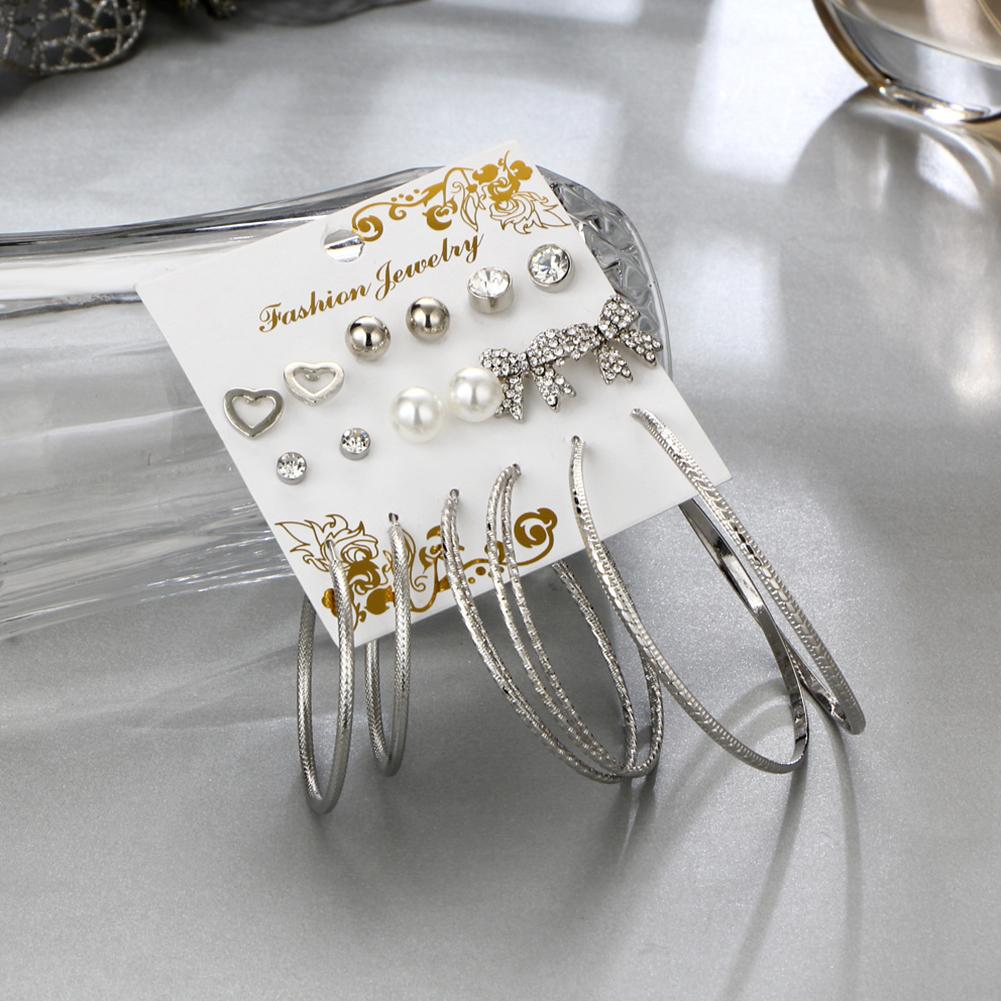 9 Pairs Women Fashion Bowknot Love Shape Big Circle Earrings Set