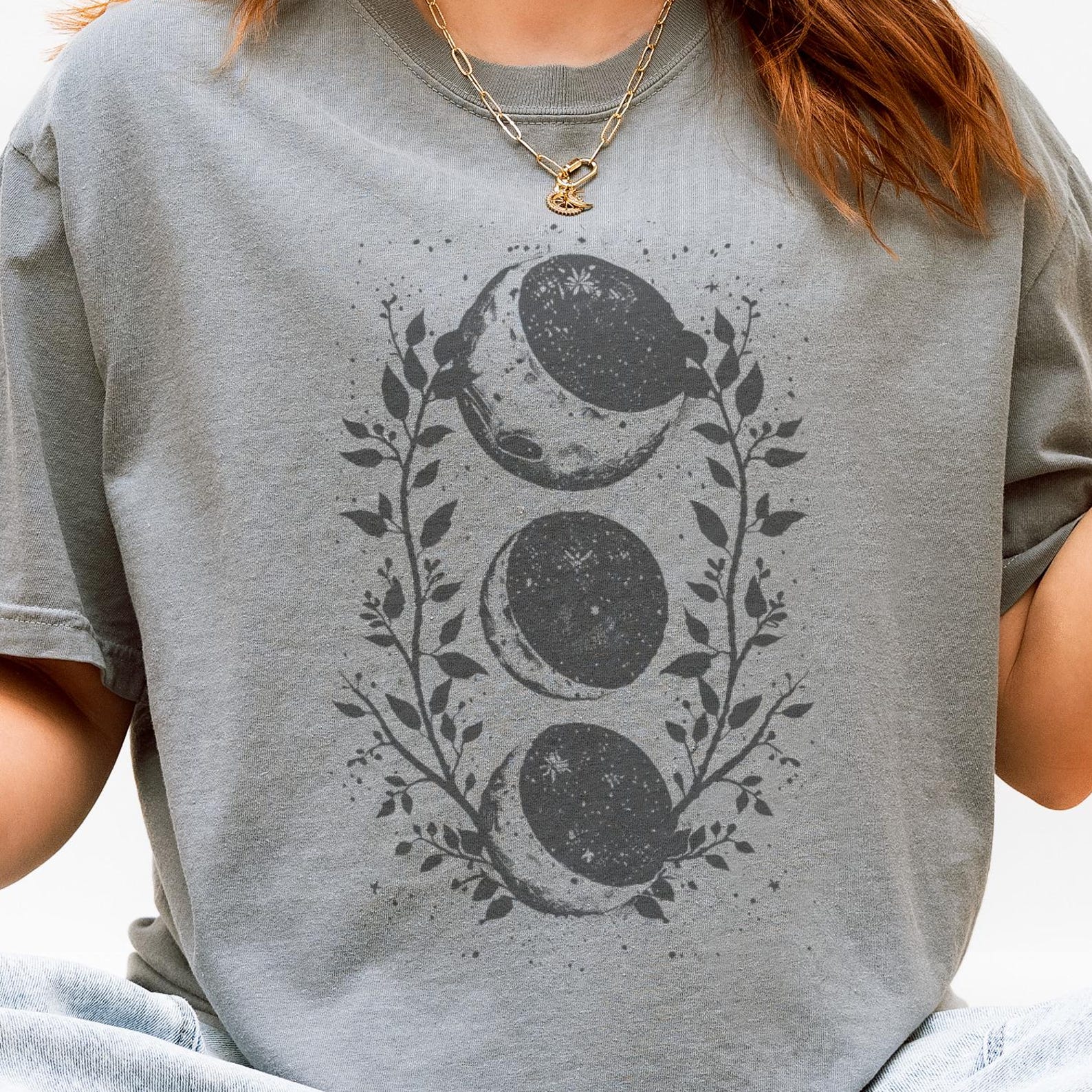 Moon Phases Botanical T-Shirt, Linocut Design Unisex Tee 140