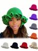 1pc Solid Color Hand-Knitted Crochet Cap, Bohemian Style Pleated Floppy Hat With Ruched Brim