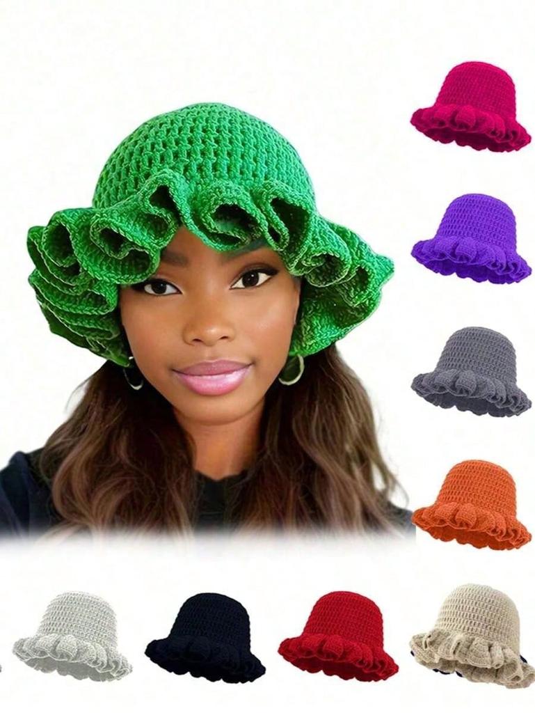 1pc Solid Color Hand-Knitted Crochet Cap, Bohemian Style Pleated Floppy Hat With Ruched Brim