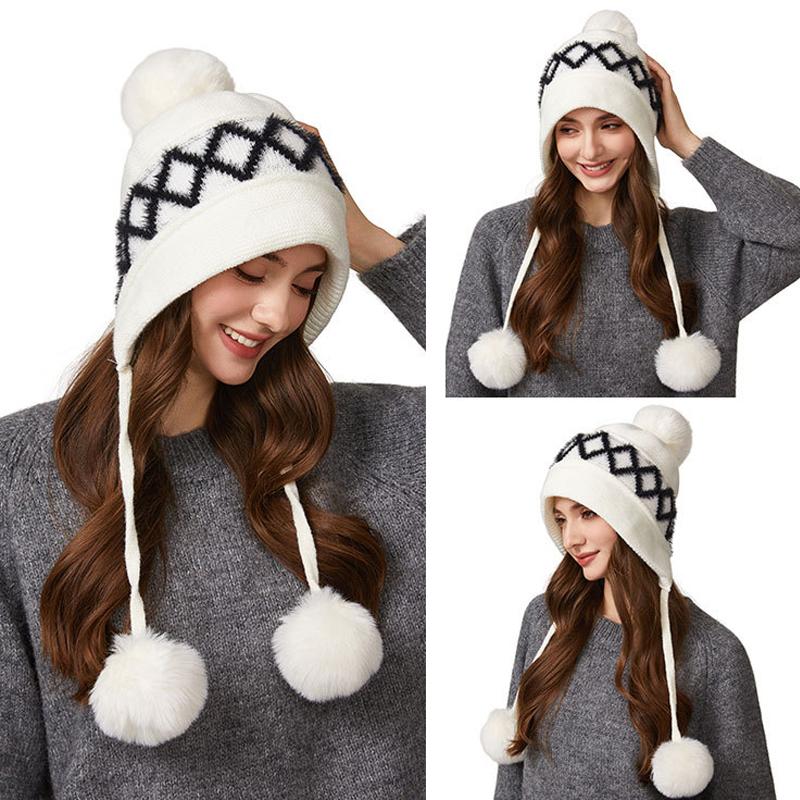 Winter Knitted Hat Big Head Cashmere Three Hair Ball Ear Protection Wool Hat for Women