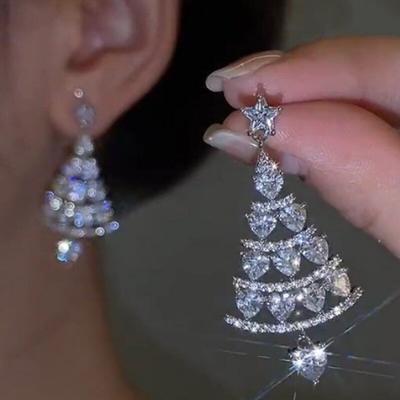 Christmas Tree Zircon Crystal Star Silver Color Earrings Stud Dangle Xmas Jewelry Party Women Gift