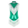 Womens Metallic Sleeveless Fringed Bodysuit Shiny Sequins Mock Neck Tassel Leotard for Latin Dance Performance