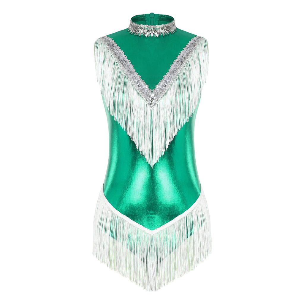 Womens Metallic Sleeveless Fringed Bodysuit Shiny Sequins Mock Neck Tassel Leotard for Latin Dance Performance