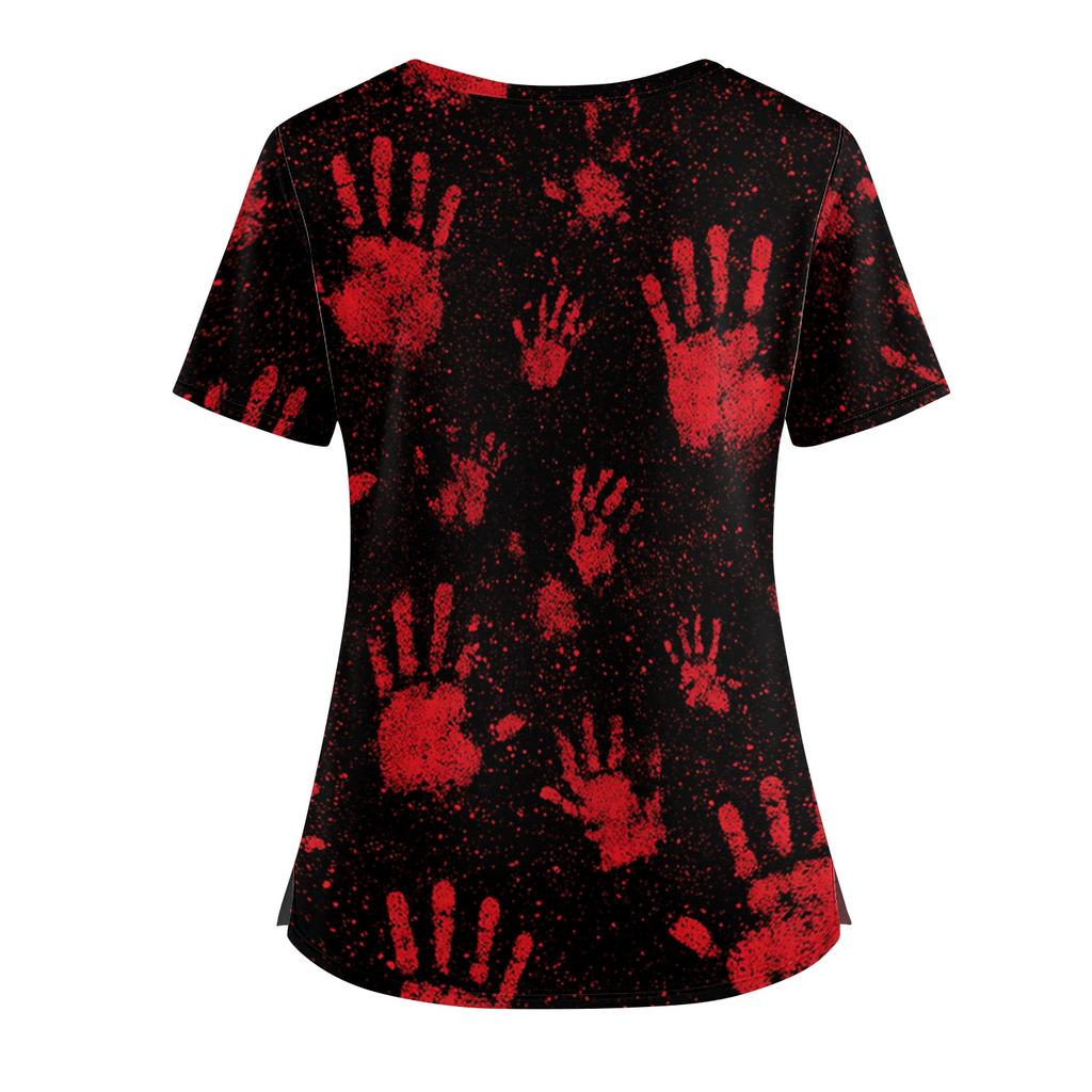 Halloween Print V Neck Short Sleeve Nurse Scrub Top with Double Pockets and Side Slit Hem for Healthcare Workers and Caregivers