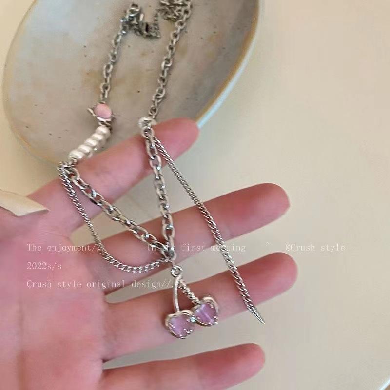 Cherry Girl~ Pearl Metal Splicing Necklace Xia Tian Cool Wind Ins Spice Girl Earrings Light Luxury Niche Clavicle Chain