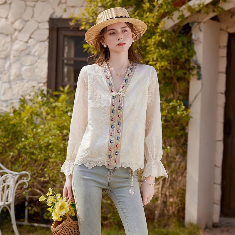 Elegant V-Neck Embroidered Lyocell Blouse
