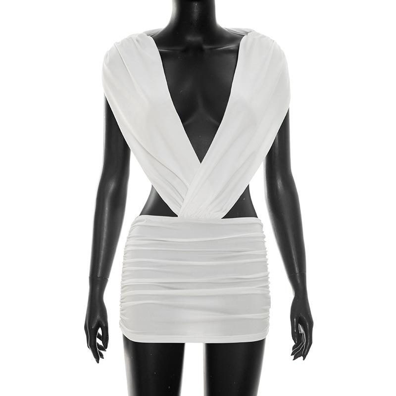 Women Deep V Neck Cut Out Backless Bandage Dress Sexy Bodycon Sleeveless White Summer Dress S