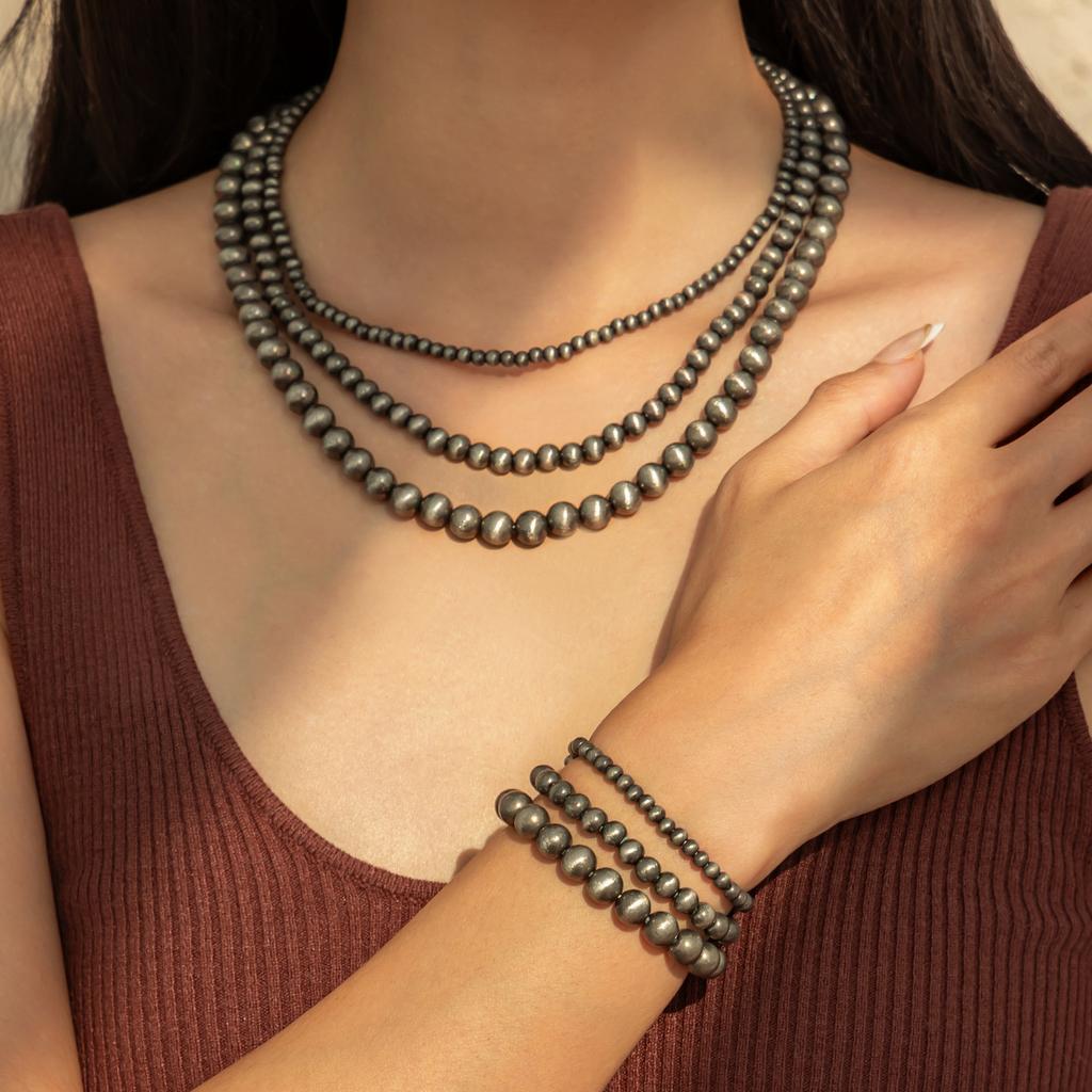 Retro And Old Ancient Silver Ccb Round Bead Necklace Female, Ethnic Style Multi-Layer Stacked Turquoise Beaded Necklace