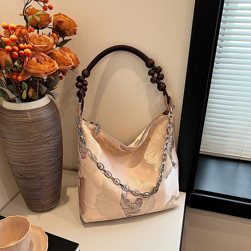 Retro bag women's new peony embroidered armpit bag beaded shoulder tote bag