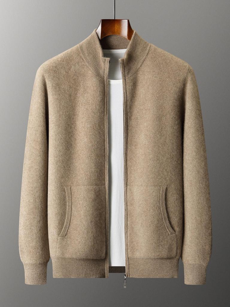 Siping Men's Thick Cashmere Cardigan, Zipper Stand Collar, Warm Knit Outerwear, Business Casual Wool Sweater