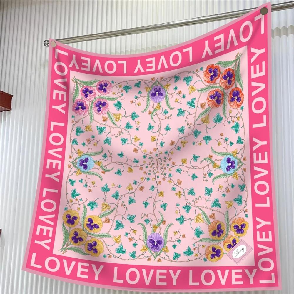 Silk Scarf Women Floral Printed Square Scarves Head Echarpes Silk Foulards Femme Wraps Beach Shawls Bandana Lady Hijabs 90CM