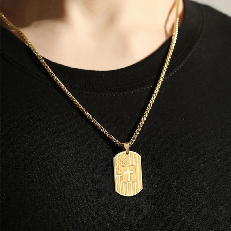 New American Flag Cross Necklace European and American Dog Tags for Men 60CM