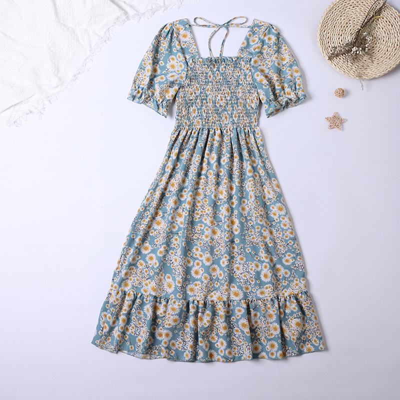 Spring Floral Square Neck Lace Midi Dress with Puff Sleeves