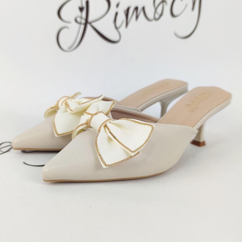 Süße Schleife High Heels Pantoletten Hausschuhe Damen Spitzschuh Pfennigabsatz Partyschuhe Frau Sommer Mode PU Leder Slides