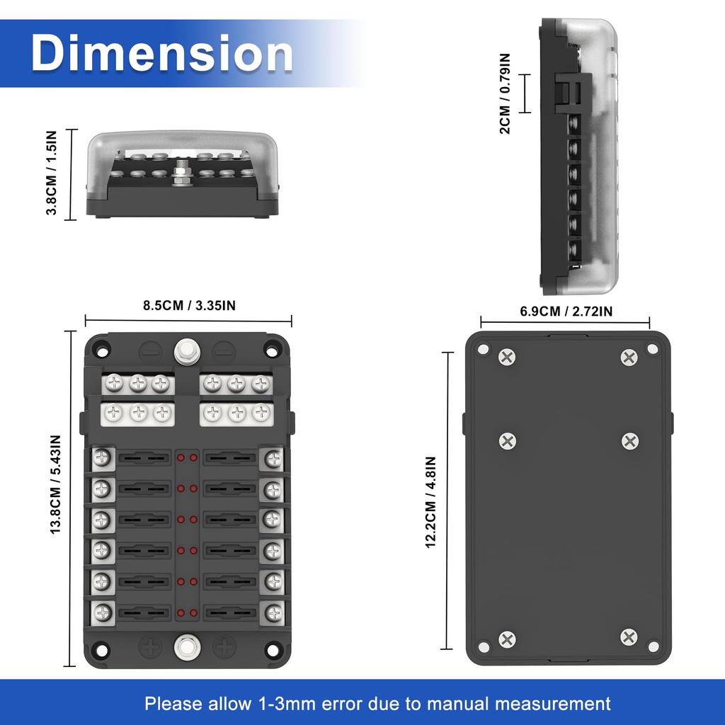 12 Way Fuse Block /24V ATO/ATC Fuse Block with 24 Fuse LED Indicator for Car, Boat, RV, Truck