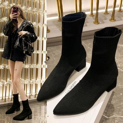 2025 Autumn and Winter New Black Socks Boots Pointed High Heel Thin Boots Medium Tube Fly Knitting Short Boots Women's Thick Heel Elastic Boots
