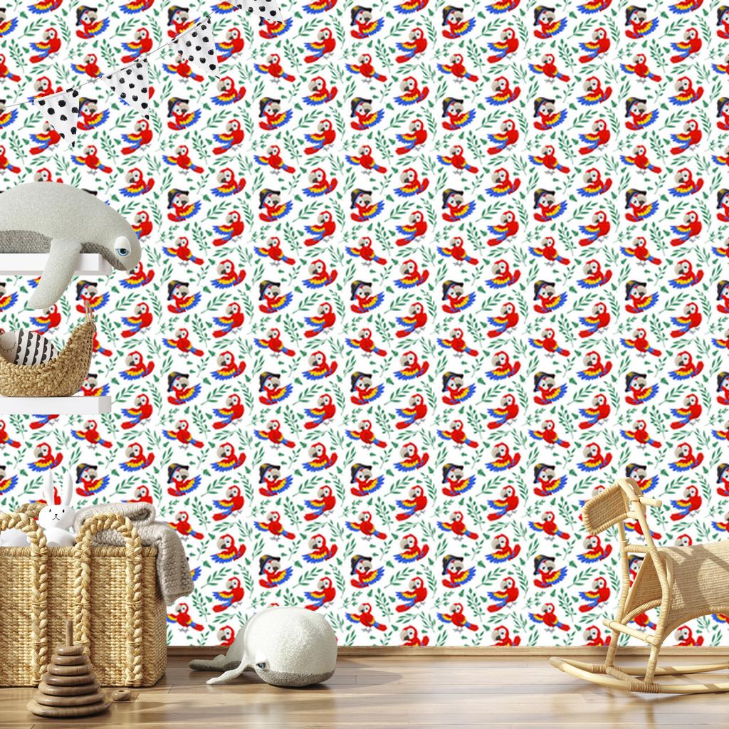 Parrot Wallpaper in white, light gray and coral for the living room and bedroom 50x1000