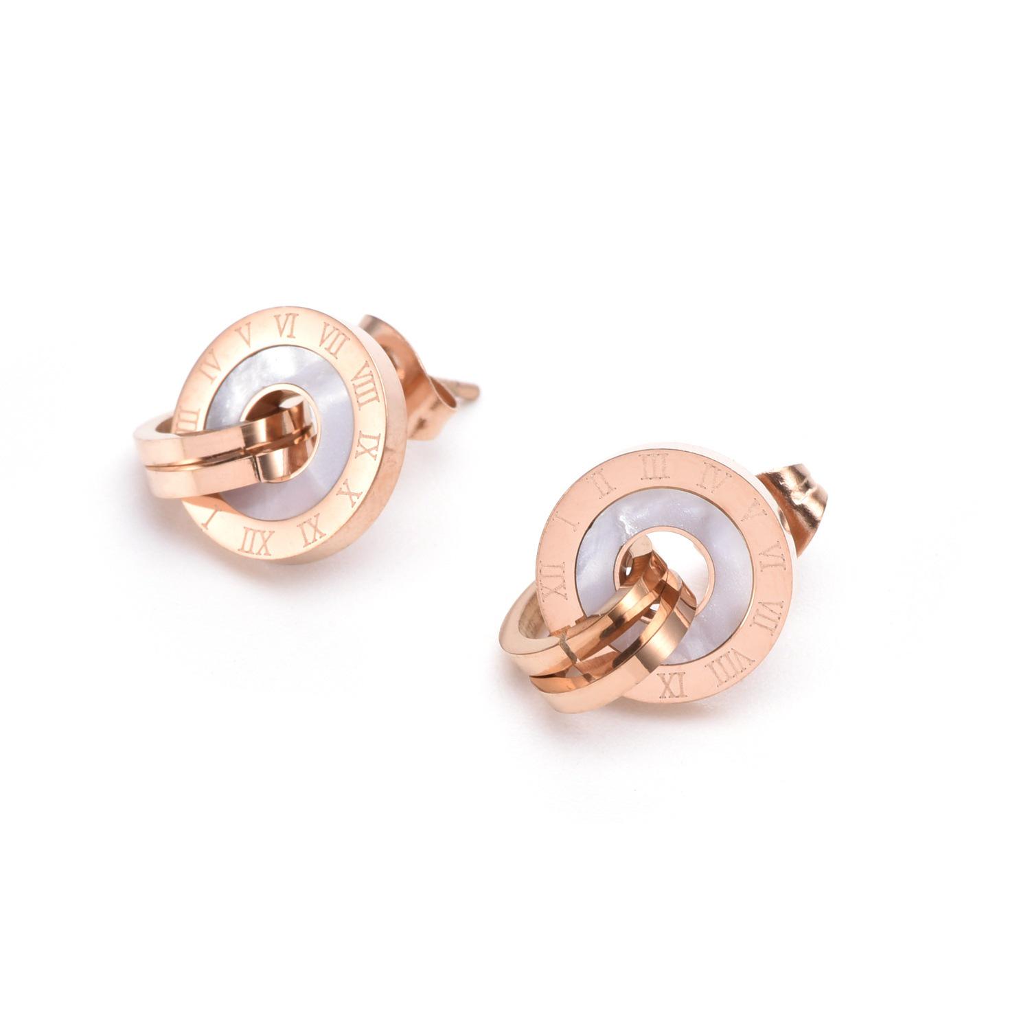 Rose Gold Roman Numeral Stud Earrings - Titanium Steel, White Shell