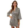 Black Striped Women's Pajamas Imitation Silk Short Sexy Pajamas Spring and Summer V-neck Tie Waist Home Clothes