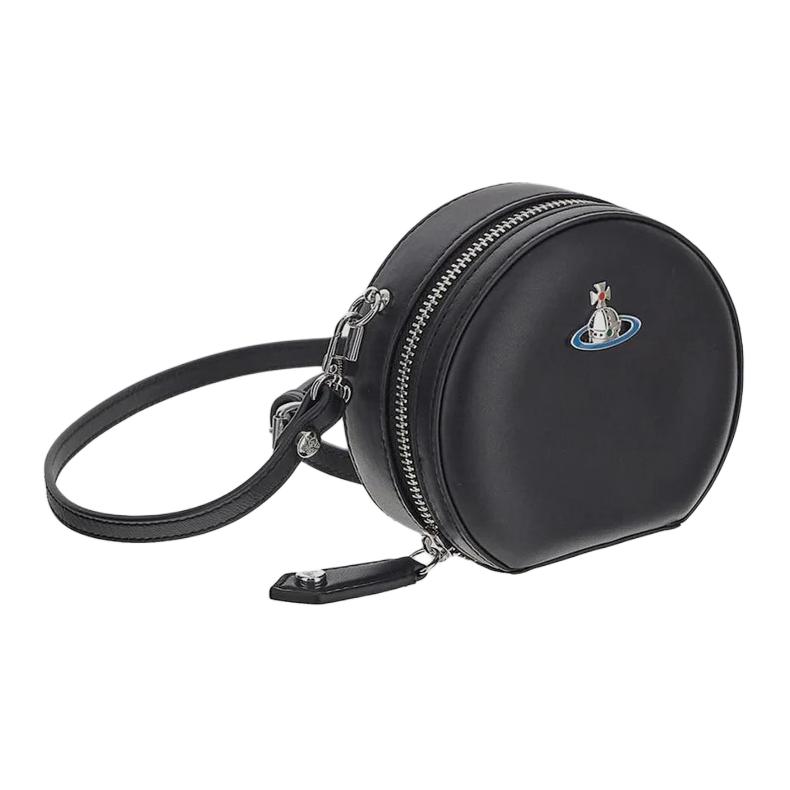Vivienne Westwood Solid Color Front Logo Zipper Lambskin Small Round Shoulder Crossbody Bag Women bags Black 4303010QUL001LN403