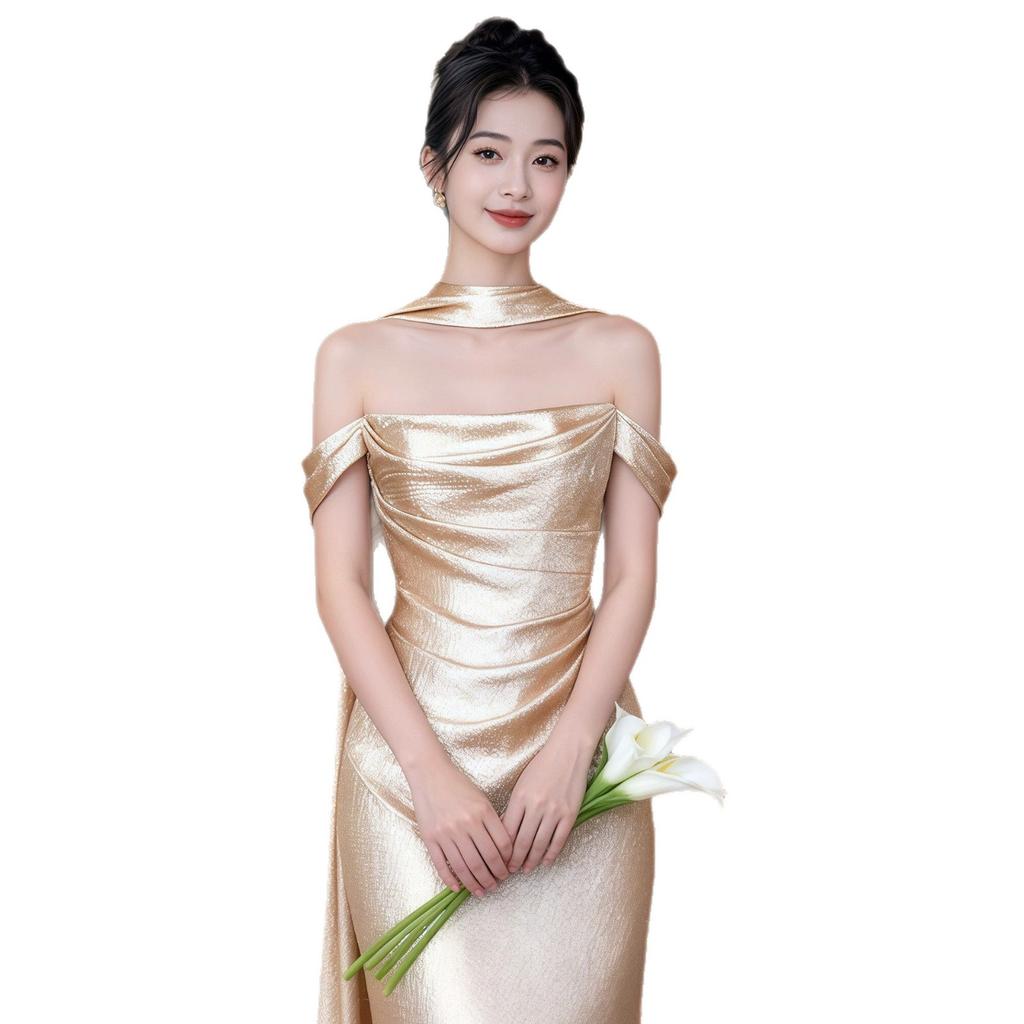 Light gold engagement dress, light luxury bridal toasting clothes, morning gown, female host, coming-of-age temperament, wedding dinner party