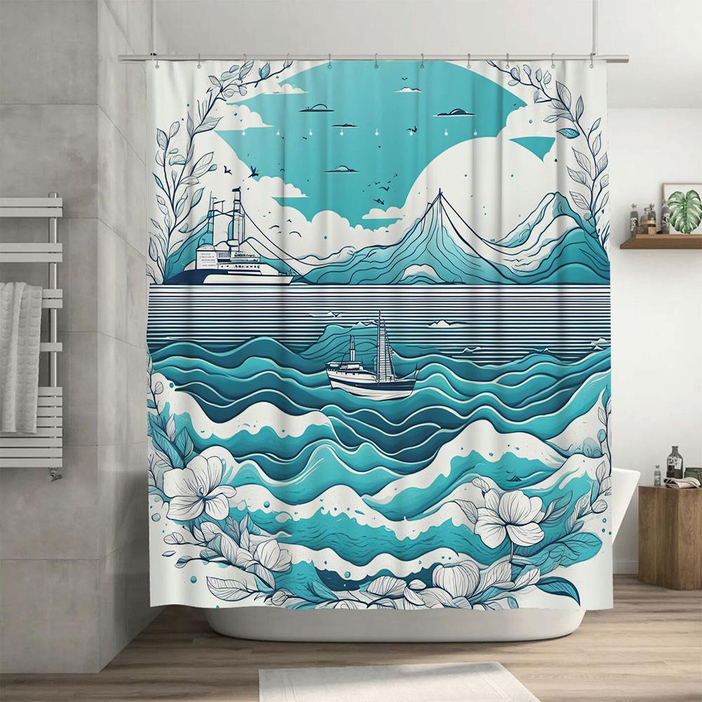 Blue Ocean Waves Shower Curtain Nautical Decor With Mount Fuji Lighthouse For Bathroom Set Includes Hooks