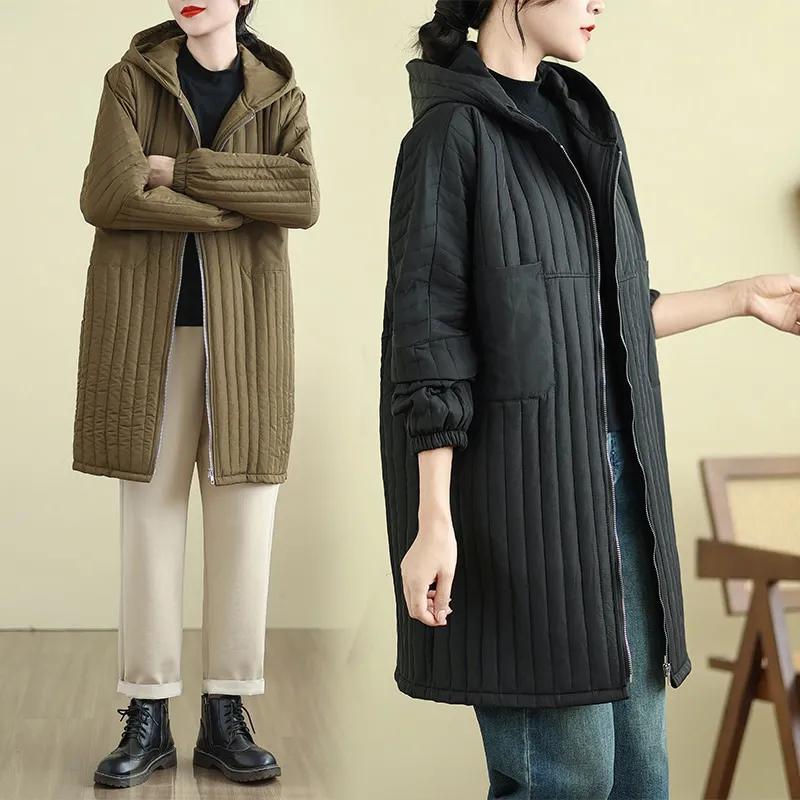 Winter Plus Size Hooded Mid-length Cotton-padded Jacket, Fashion Cotton-padded Jacket, Loose Western Style, All-match Ladies