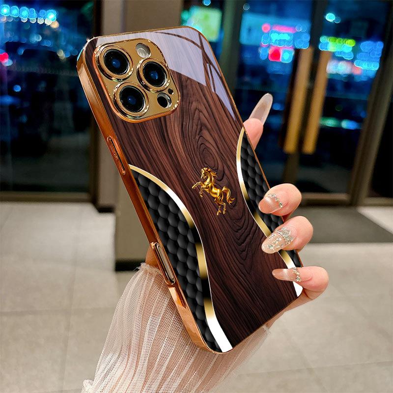 Quilted Gold Horse Electroplated Golden Phone Case For iPhone 18 17Air 17 16 15 14 13 12 11 Pro Max Plus 16E XR 7 8  Glass Cover