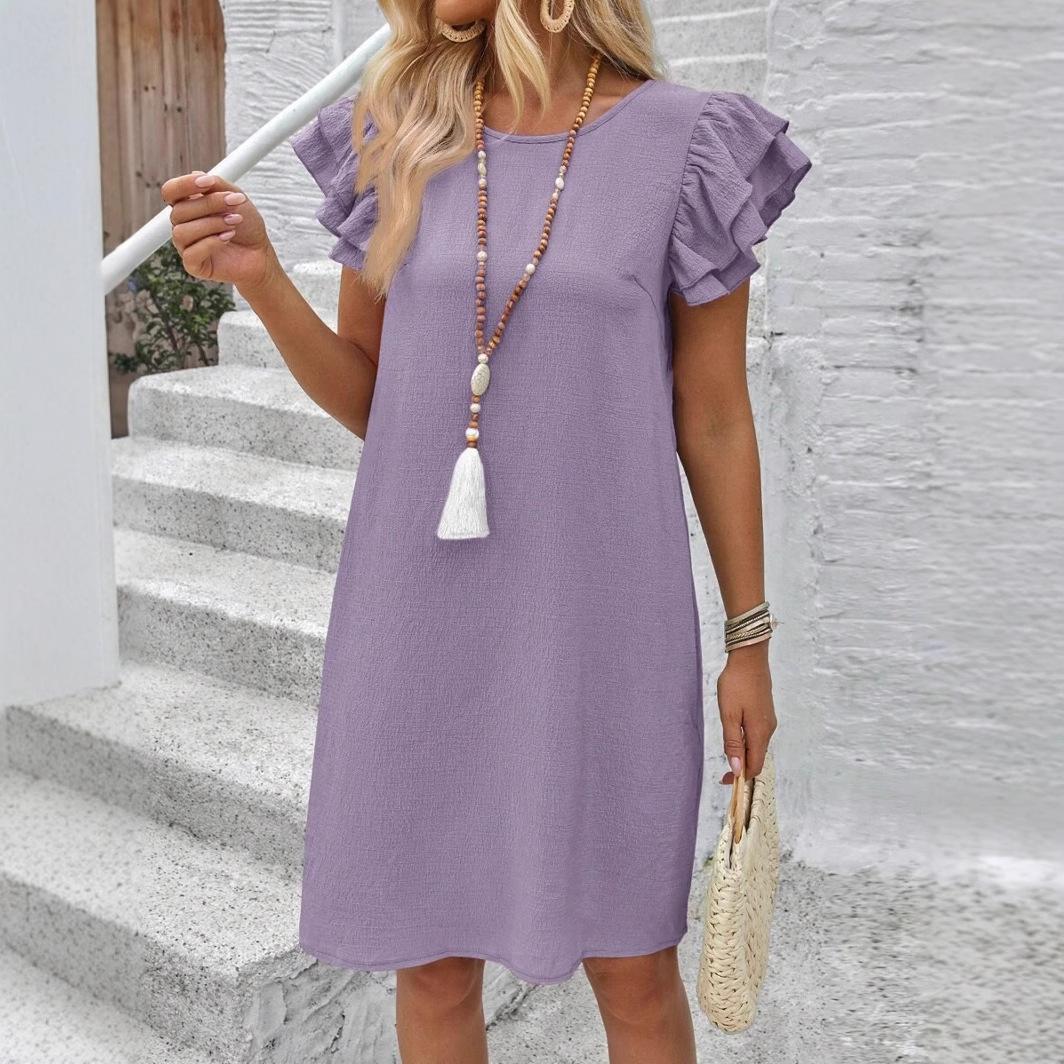 

Summer Elegant Purple Straight Dresses Women Sexy Pleated Beach Sundress Dress Ruffle Sleeve Sweetheart Bohemia Dress Mini Dress S