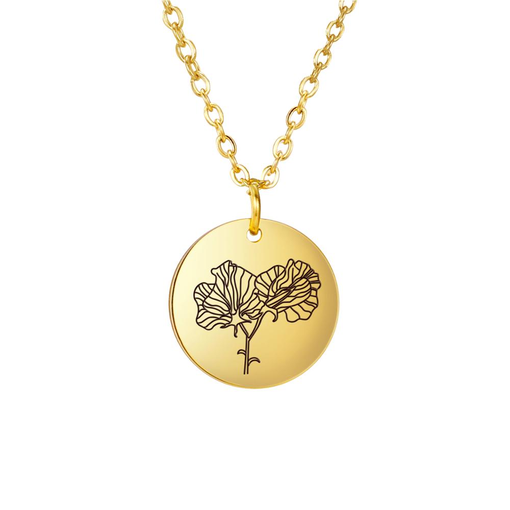 Birth Flower Pendant Necklace Women Stainless Steel Flora Gladiolus Poppy Peony Rose Daisy Necklace Personalized Jewelry