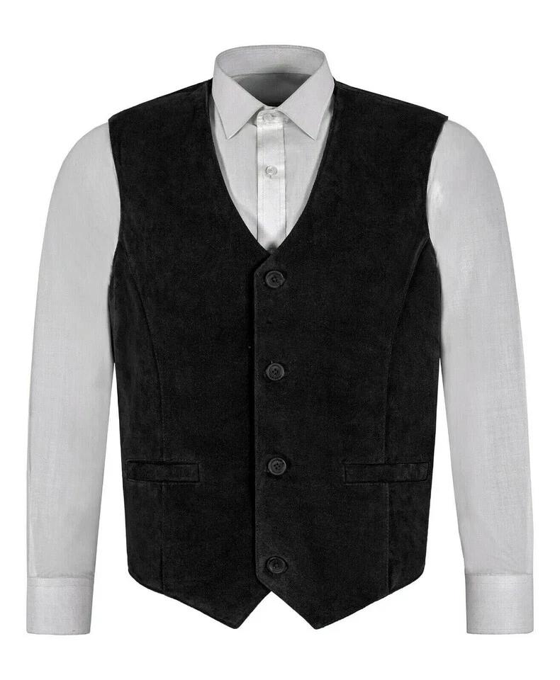 Suede Leather Black Men's Button Vest Coat Handmade Casual Fashionable Genuine Lambskin