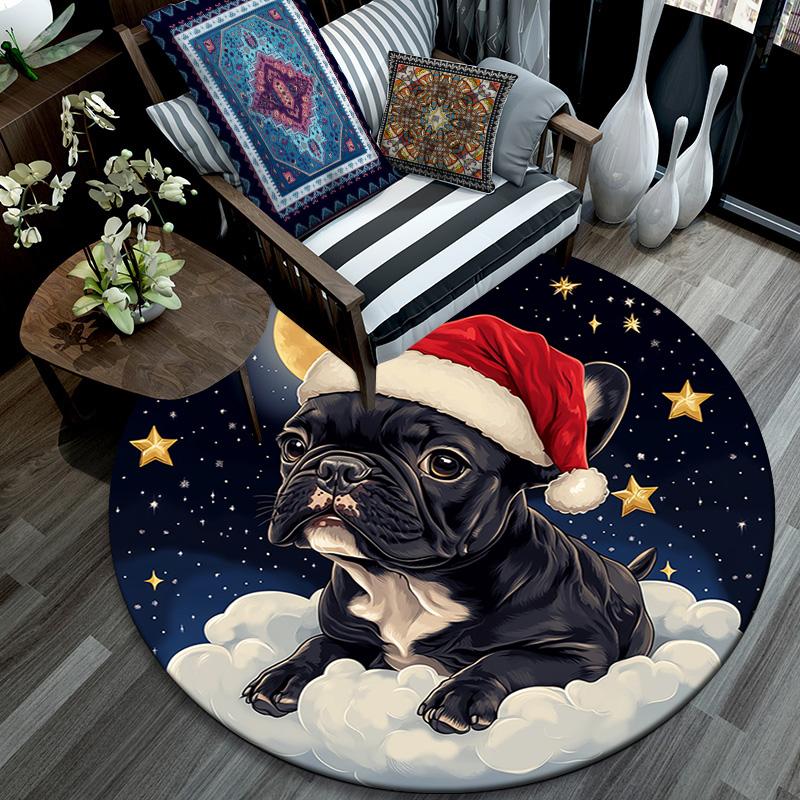 Christmas French Bulldog Round Area Rug,Carpet Rug for Living Room Bedroom Sofa Playroom Decor,Non-slip Floor Mat