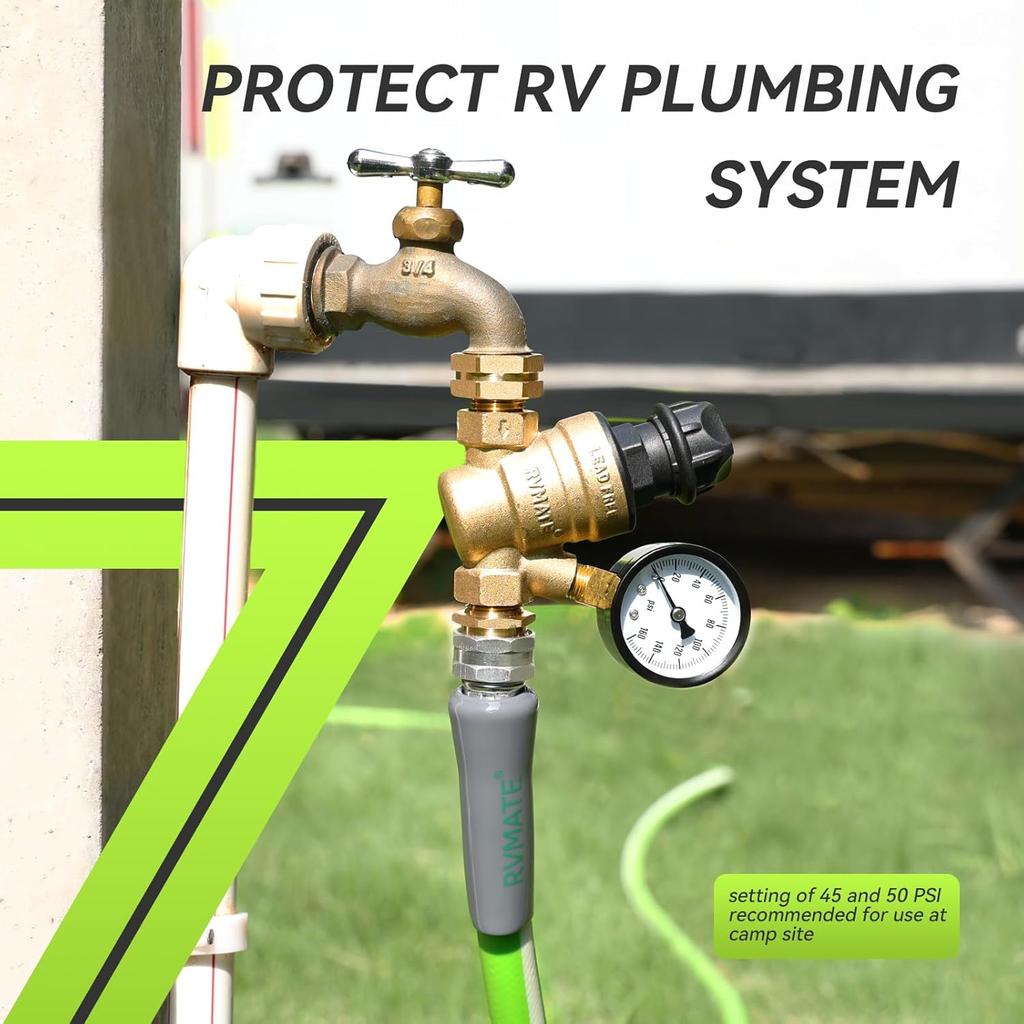 RVMATE RV Water Pressure Regulator With Adjustable Knob, Brass Lead-Free Water Pressure Reducer Kit, Adjustable Valve With Inlet Screen Filter, For