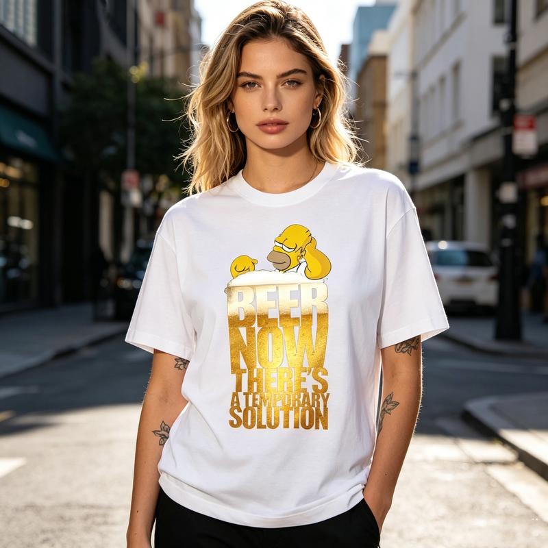 Beer Now Temporary Slogan Cartoon Figure In Beer Cup Graphic T Shirt Unisex Soft 100 Cotton Crew Neck Short Sleeve Tee