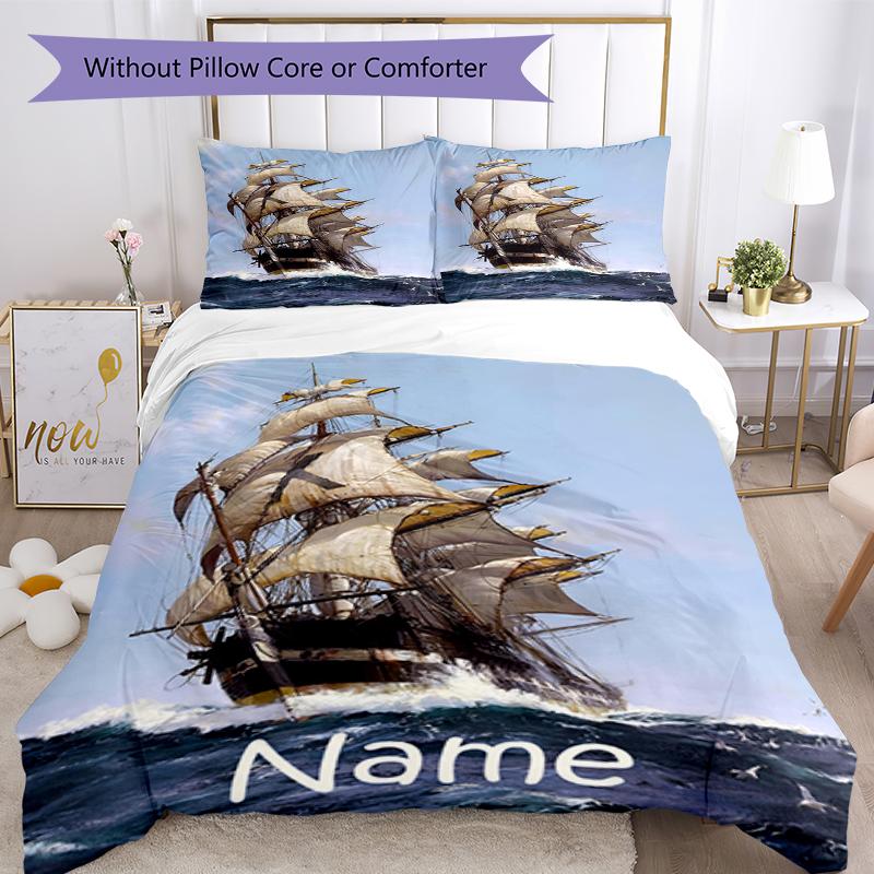 3pcs Custom Name Sailboat Bedding Set Duvet Cover Closure Includes 1 Duvet Cover & 2 Pillowcases, Soft and Comfortable for All Seasons.
