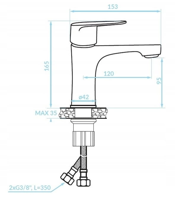 Bathroom cabinet with a washbasin on legs 85x50, standing, white Mila, with an elongated chrome tap
