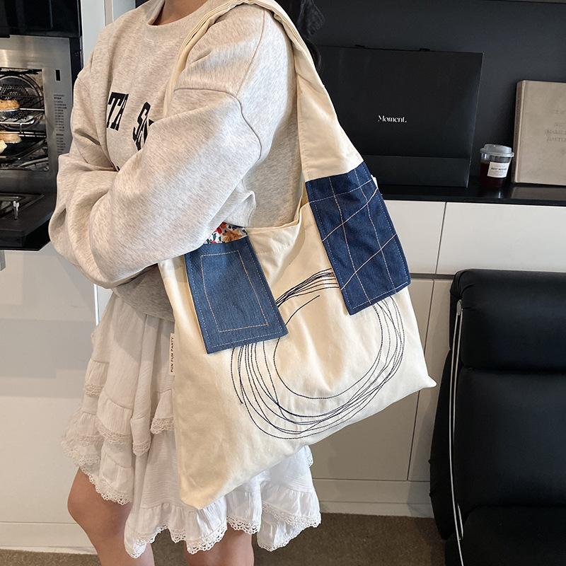 New canvas bag female student retro splicing shoulder bag large capacity shopping bag fashion tote bag