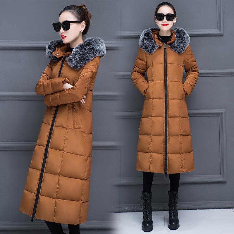 

Зимова жіноча бавовняна куртка корейської версії з довгим потовщеним товстим хутряним коміром до коліна великого розміру приталена пухова куртка XL