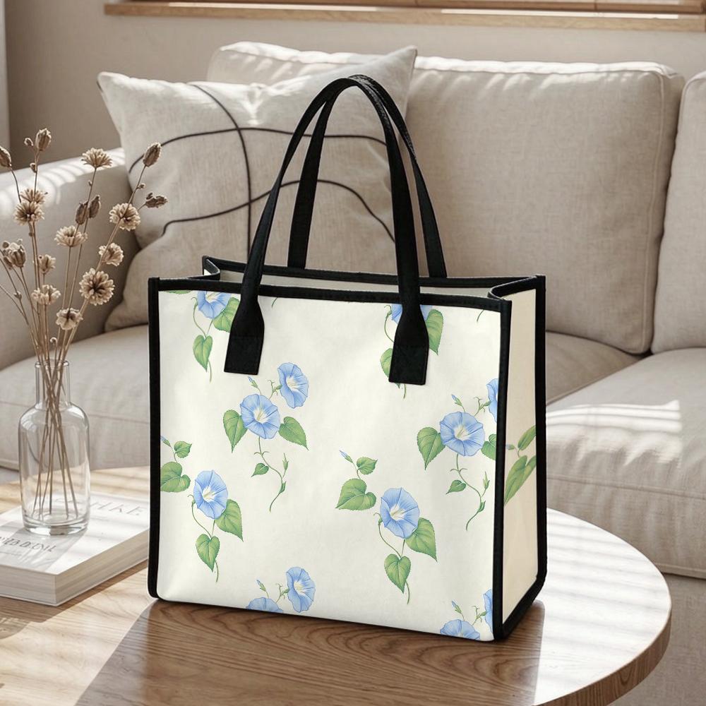 Blue Floral Canvas Tote Bag Casual Daily Portable Handbag for Ladies Shopping