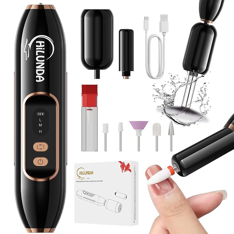 Электрическая пилка для ногтей 2-в-1 с машиной для чистки кистей для макияжа (Нет миски), Аккумулятор 1500 мАч, Сверхнизкий уровень шума, Портативный и перезаряжаемый для