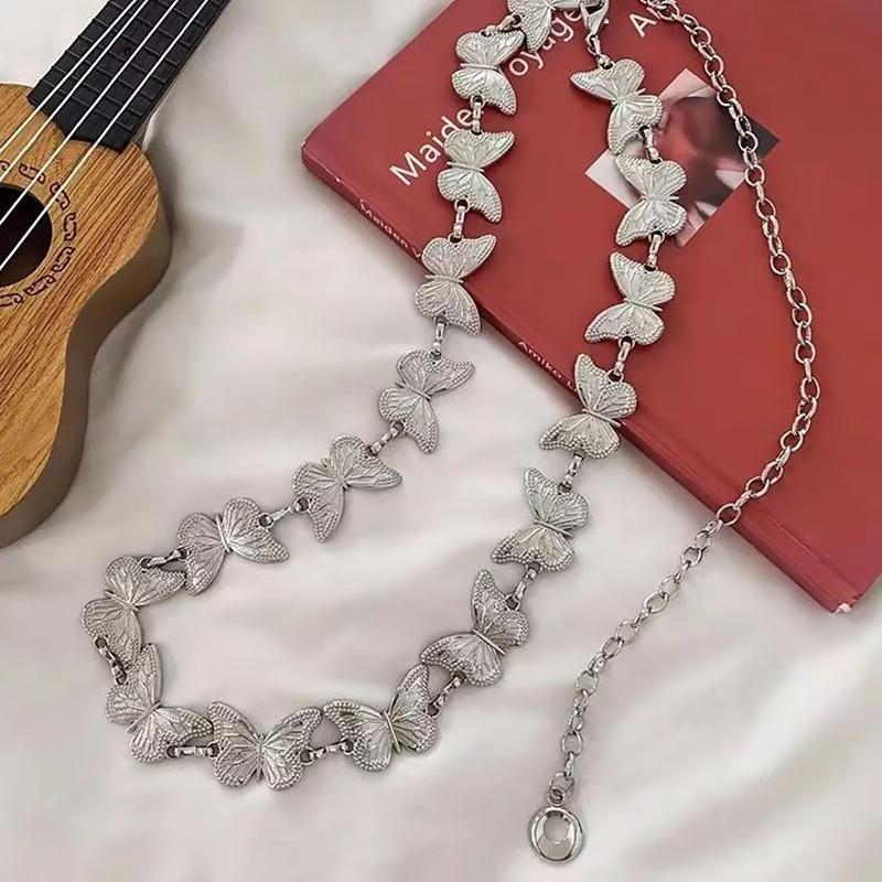 Fashionable Silvery Butterfly Belts for Woman 110cm Smooth Metal Chain Belts Summer Dress Belts